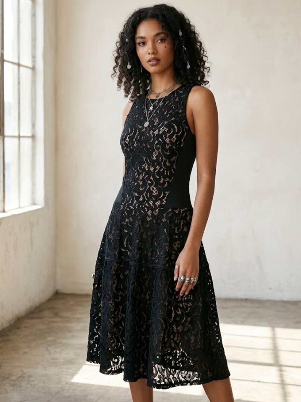 Mossimo Sz Large Sleeveless Midi Dress Black Lace on Nude Lining Sexy Whimsigoth